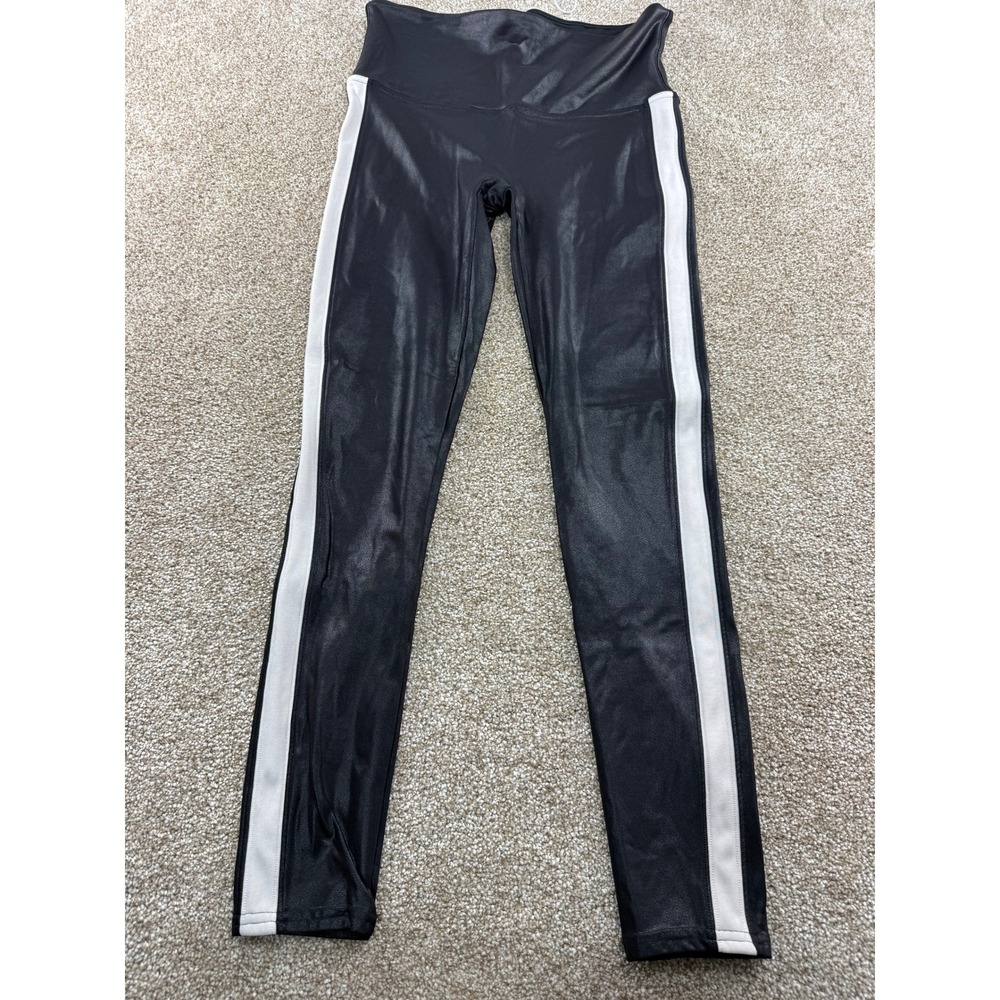 Spanx Faux Leather Side Stripe‎ Leggings Black White High Rise Shaping Large